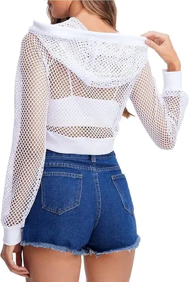 Talitha Women's Stylish White Mesh Fishnet Crop Hoodie |Summer Pullover Size XL thumbnail 1