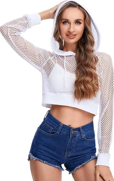 Talitha Women's Stylish White Mesh Fishnet Crop Hoodie |Summer Pullover Size XL thumbnail 2