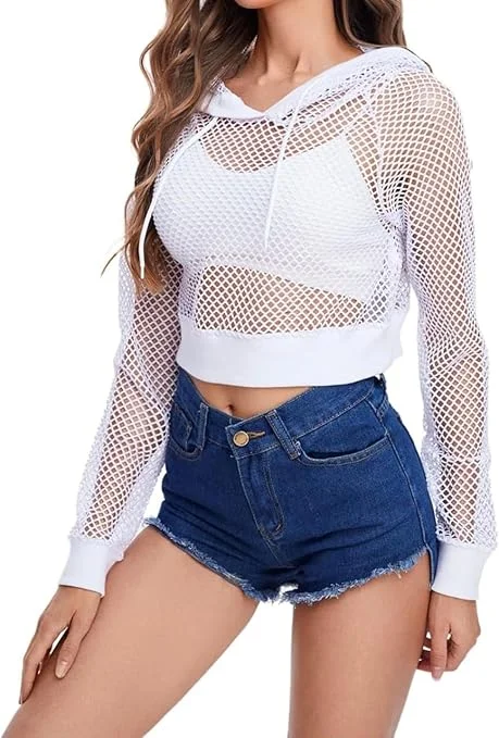 Talitha Women's Stylish White Mesh Fishnet Crop Hoodie |Summer Pullover Size XL image 4