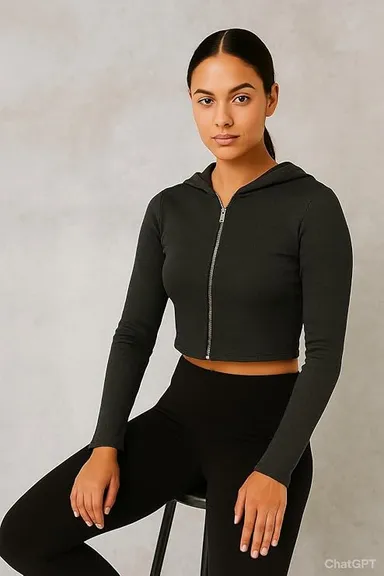 Talitha Fashion Women's Cropped Zip-Up Hoodie | Black | Cotton Blend | Size M thumbnail 2