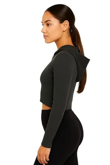 Talitha Fashion Women's Cropped Zip-Up Hoodie | Black | Cotton Blend | Size M thumbnail 3