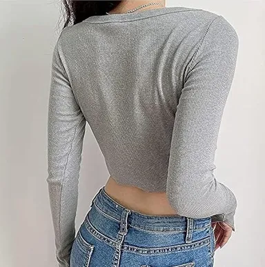 Talitha Fashion Regular Fit Button Up Crop Top for Women | Solid Gray|  Size L thumbnail 1