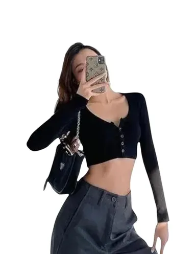 Talitha Fashion Regular Fit Black Crop Top for Women | Button-Up Full Sleeve Casual Top | Size M thumbnail 0