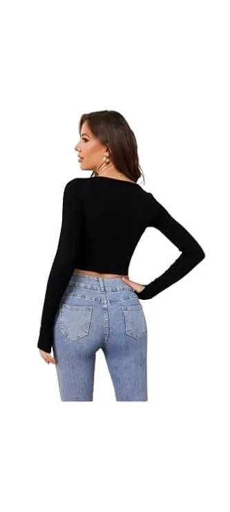 Talitha Fashion Regular Fit Black Crop Top for Women | Button-Up Full Sleeve Casual Top | Size M thumbnail 1
