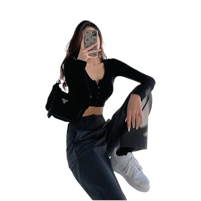 Talitha Fashion Black Solid Crop Button-Up Top for Women | Regular Fit Size L image 3