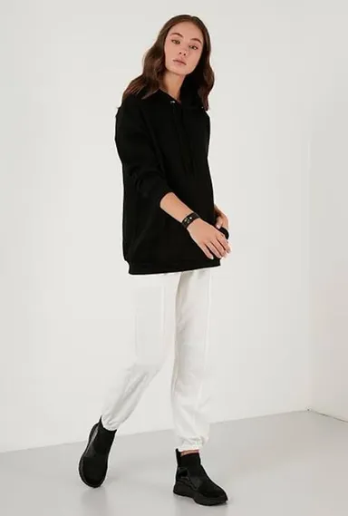 Women's Alpha Solid Black Hooded Sweatshirt | Medium thumbnail 3