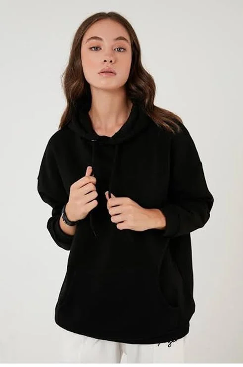 Women’s Black Solid Hooded Sweatshirt Alpha L | Comfortable & Stylish image 3