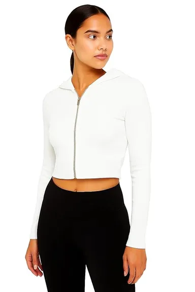 Talitha Fashion Women’s White Cropped  Hoodie | Cotton Blend | Zip-Up | Size L thumbnail 2