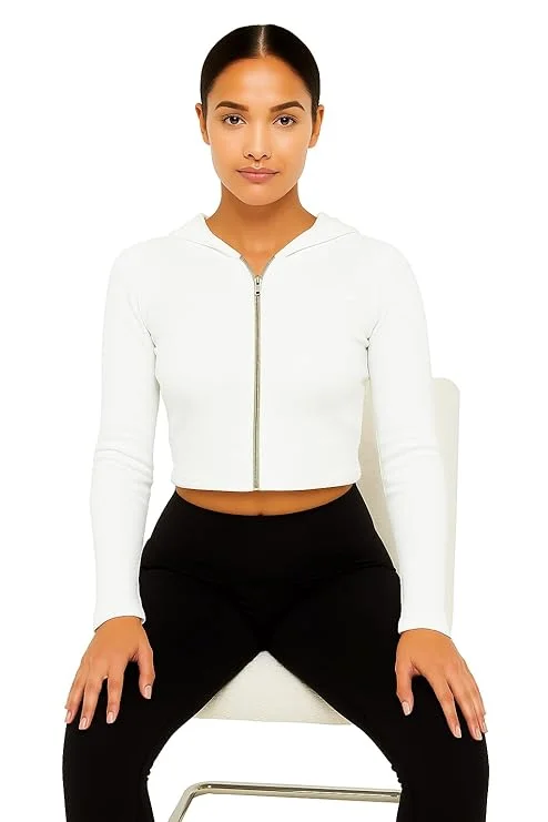 Talitha Fashion Women’s White Cropped Cotton Blend Zip-Up Hoodie | Size XL image 4