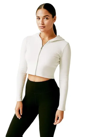 Talitha Fashion Women’s White Cropped Cotton Blend Zip-Up Hoodie | Size XL thumbnail 4