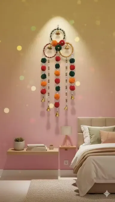 Handcrafted Festive Pom-Pom & Bell Toran | Door & Wall Hanging for Diwali | Home Decor thumbnail 3