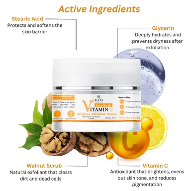 Bless Organics Vitamin C Face Scrub | Brightening | Exfoliating & Tan Removal Scrub | Revives Dull Skin & Boosts Natural Glow thumbnail 3