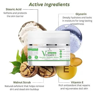 Bless Organics Vitamin E Face Scrub | Deep Nourishing | Gentle Exfoliating & Moisturizing Scrub | For Smooth | Soft & Glowing Skin thumbnail 2