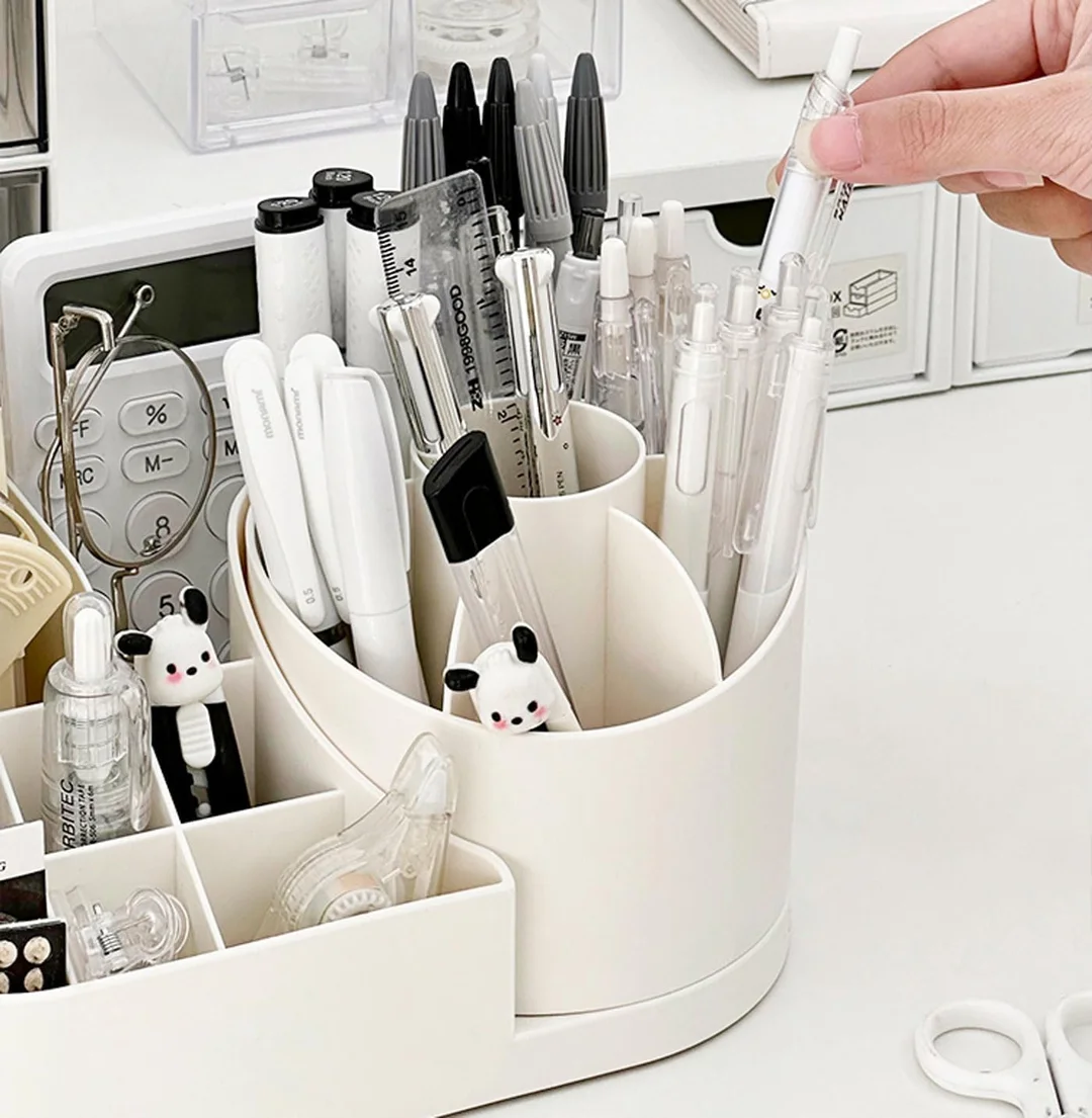 Shrigana 360 Degree Rotating Desk Makeup Brush Organizers and Pencil Pen Organizers for Desk Desktop Storage Stationery Supplies Cute Pencil Cup Pot for Office School Home (White) image 3