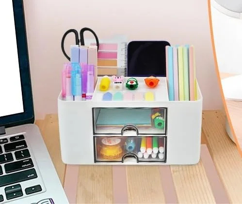 Shrigana Plastic Desk Makeup Brush Organizers and Pencil Pen Organizers for Desk Desktop Storage Stationery Supplies Cute Pencil Cup Pot for Office School Home, White image 2
