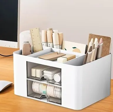 Shrigana Plastic Desk Makeup Brush Organizers and Pencil Pen Organizers for Desk Desktop Storage Stationery Supplies Cute Pencil Cup Pot for Office School Home, White thumbnail 2