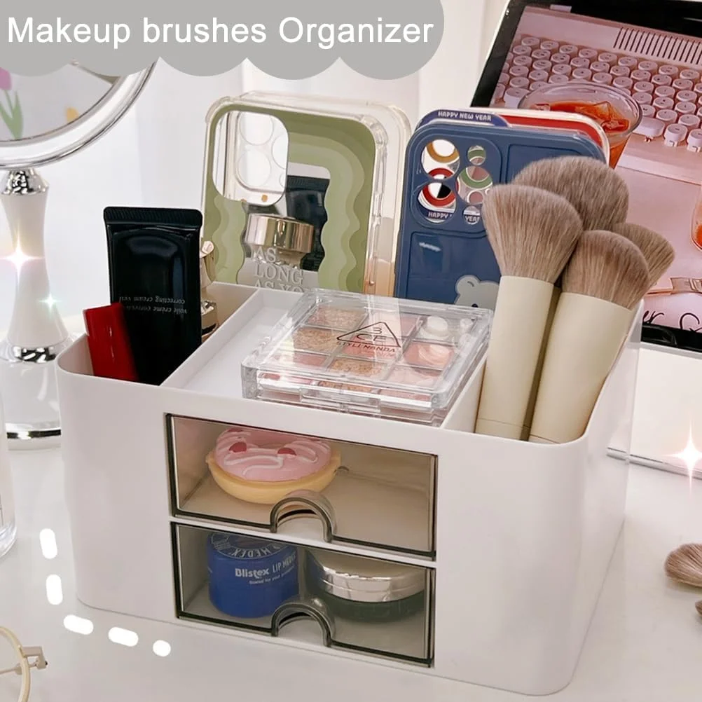 Shrigana Plastic Desk Makeup Brush Organizers and Pencil Pen Organizers for Desk Desktop Storage Stationery Supplies Cute Pencil Cup Pot for Office School Home, White image 5