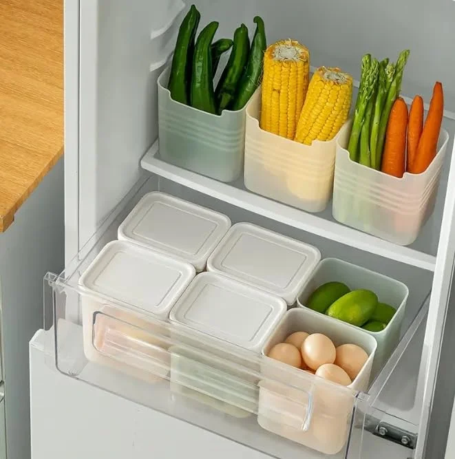 Shrigana Plastic Fridge Storage Boxes (Pack of 6) Freezer & Refrigerator Organizer Containers Kitchen Storage Container Set Kitchen Accessories Items for Home 1200 ml Food Storage Box| White image 2
