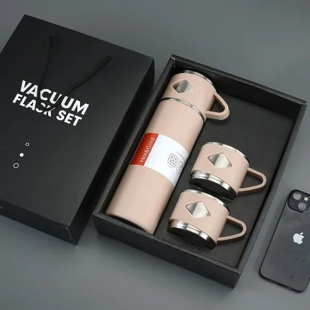 V3Deals Double Wall Stainless Steel Thermo 500ml Vacuum Insulated Bottle Water Flask Gift Set with Two Cups Hot & Cold | Assorted Color | Diwali Gifts for Employees | Corporate Gift Items image 1