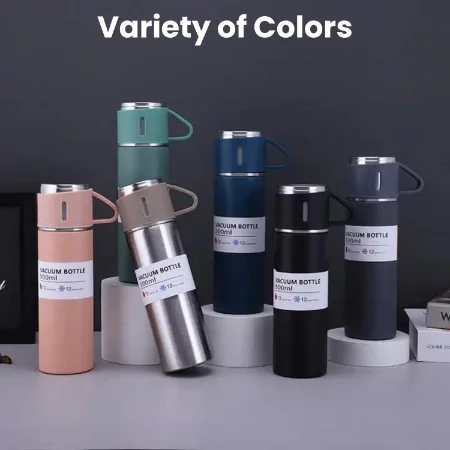V3Deals Double Wall Stainless Steel Thermo 500ml Vacuum Insulated Bottle Water Flask Gift Set with Two Cups Hot & Cold | Assorted Color | Diwali Gifts for Employees | Corporate Gift Items image 2