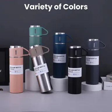 V3Deals Double Wall Stainless Steel Thermo 500ml Vacuum Insulated Bottle Water Flask Gift Set with Two Cups Hot & Cold | Assorted Color | Diwali Gifts for Employees | Corporate Gift Items thumbnail 1