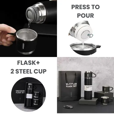 V3Deals Double Wall Stainless Steel Thermo 500ml Vacuum Insulated Bottle Water Flask Gift Set with Two Cups Hot & Cold | Assorted Color | Diwali Gifts for Employees | Corporate Gift Items thumbnail 5