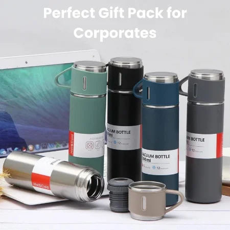 V3Deals Double Wall Stainless Steel Thermo 500ml Vacuum Insulated Bottle Water Flask Gift Set with Two Cups Hot & Cold | Assorted Color | Diwali Gifts for Employees | Corporate Gift Items image 7