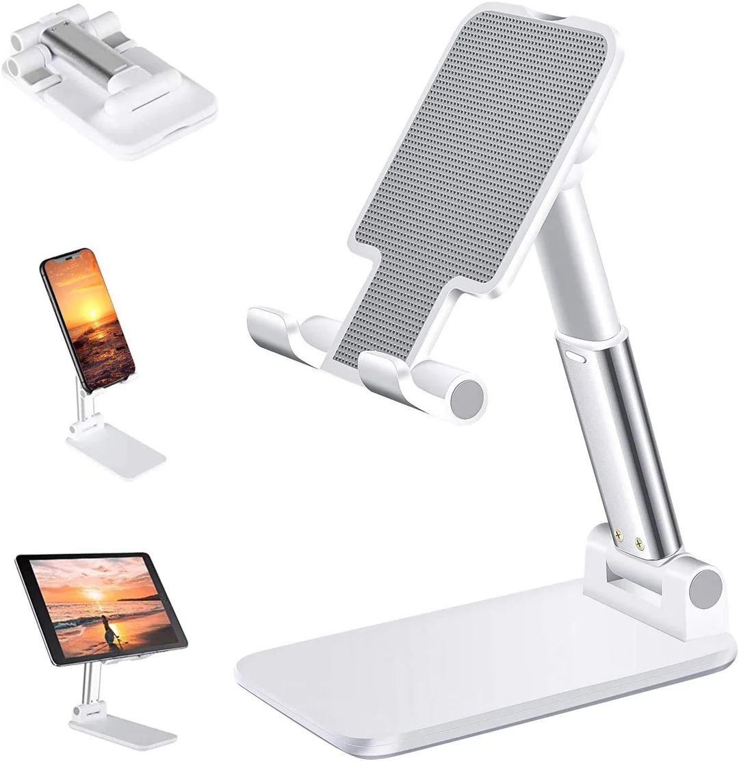 Adjustable Foldable Mobile Stand for Desk | Height & Angle Adjustable Phone Holder for Table| Universal Tablet Stand with Anti-Slip Base | White image 1