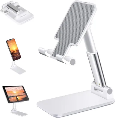 Adjustable Foldable Mobile Stand for Desk | Height & Angle Adjustable Phone Holder for Table| Universal Tablet Stand with Anti-Slip Base | White thumbnail 0