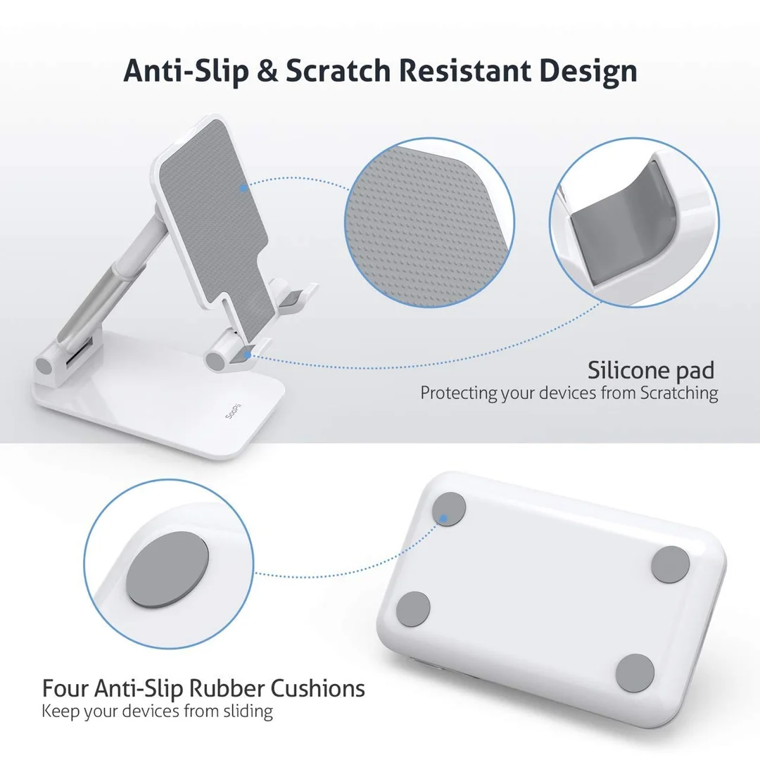 Adjustable Foldable Mobile Stand for Desk | Height & Angle Adjustable Phone Holder for Table| Universal Tablet Stand with Anti-Slip Base | White image 2