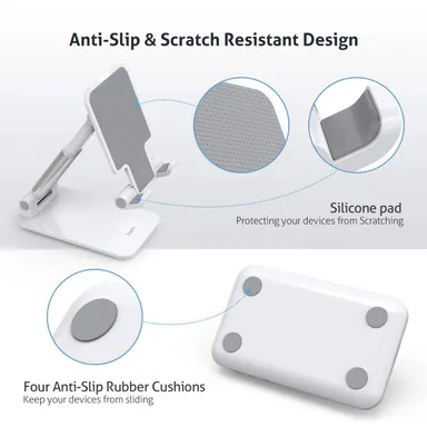 Adjustable Foldable Mobile Stand for Desk | Height & Angle Adjustable Phone Holder for Table| Universal Tablet Stand with Anti-Slip Base | White thumbnail 1