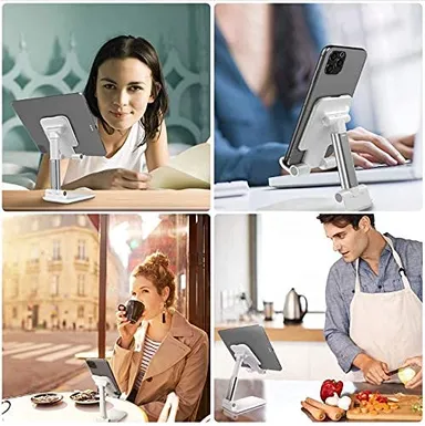 Adjustable Foldable Mobile Stand for Desk | Height & Angle Adjustable Phone Holder for Table| Universal Tablet Stand with Anti-Slip Base | White thumbnail 3