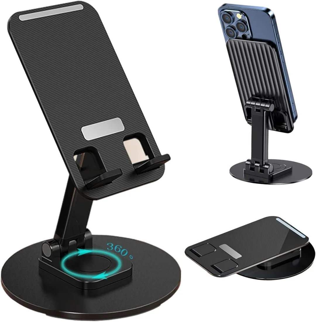 360° Rotation Adjustable Mobile Holder | Foldable Tablet Stand for Desk | Universal Height Angle Adjustable Cell Phone Stand for Office | Travel | Black image 1