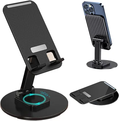 360° Rotation Adjustable Mobile Holder | Foldable Tablet Stand for Desk | Universal Height Angle Adjustable Cell Phone Stand for Office | Travel | Black thumbnail 0