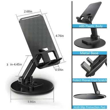 360° Rotation Adjustable Mobile Holder | Foldable Tablet Stand for Desk | Universal Height Angle Adjustable Cell Phone Stand for Office | Travel | Black thumbnail 1