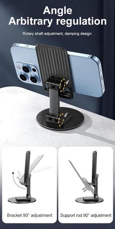 360° Rotation Adjustable Mobile Holder | Foldable Tablet Stand for Desk | Universal Height Angle Adjustable Cell Phone Stand for Office | Travel | Black thumbnail 3