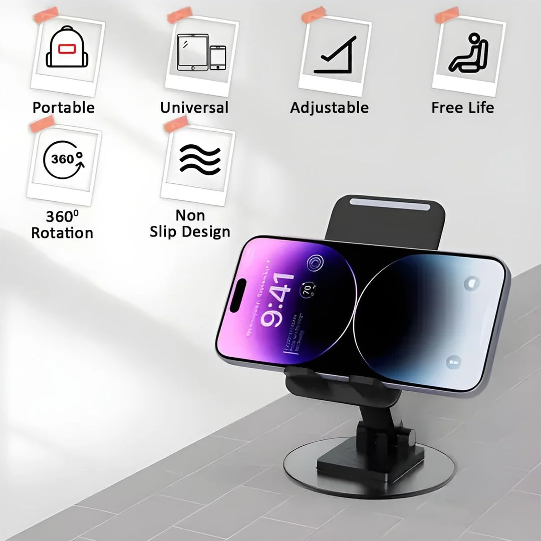 360° Rotation Adjustable Mobile Holder | Foldable Tablet Stand for Desk | Universal Height Angle Adjustable Cell Phone Stand for Office | Travel | Black image 7