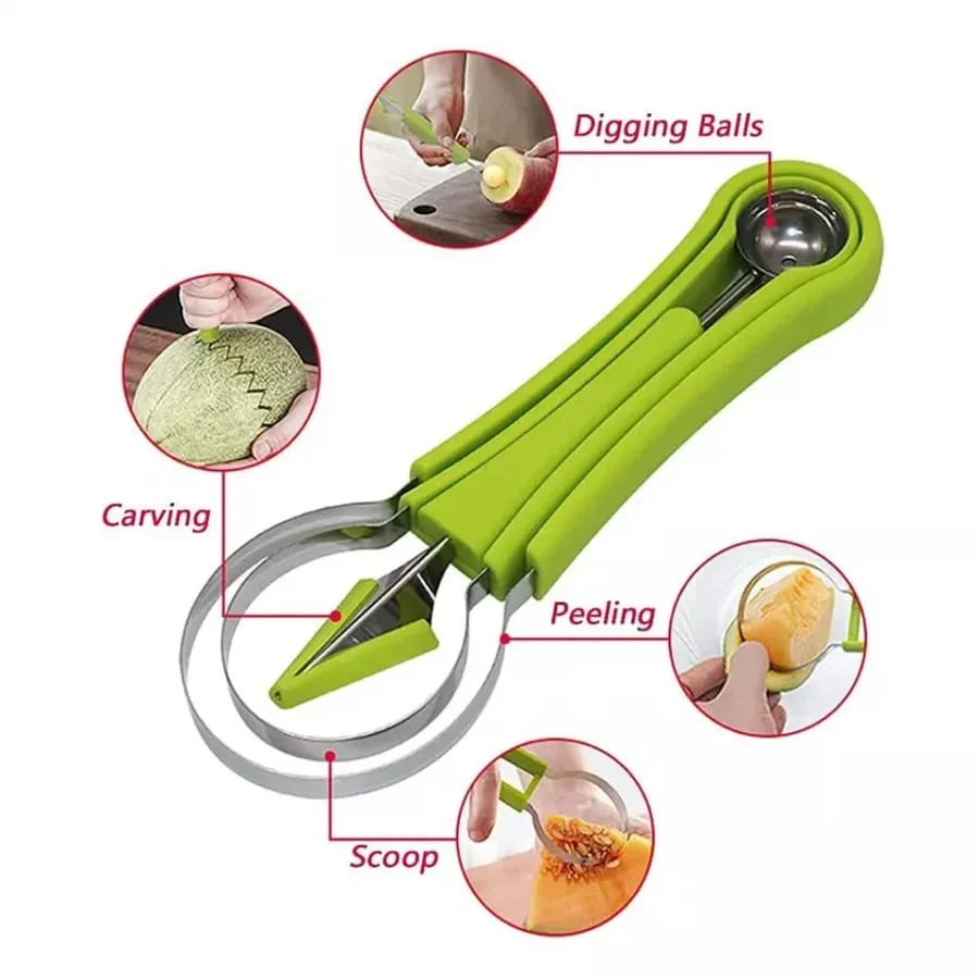 Stainless Steel 4‑in‑1 Fruit Scooper Kitchen Tool | Melon Baller, Fruit Corer Peeler & Seed Remover for Watermelom|  Cantaloupe, Kiwi| Ice Cream & Fruit Salad Prep image 5