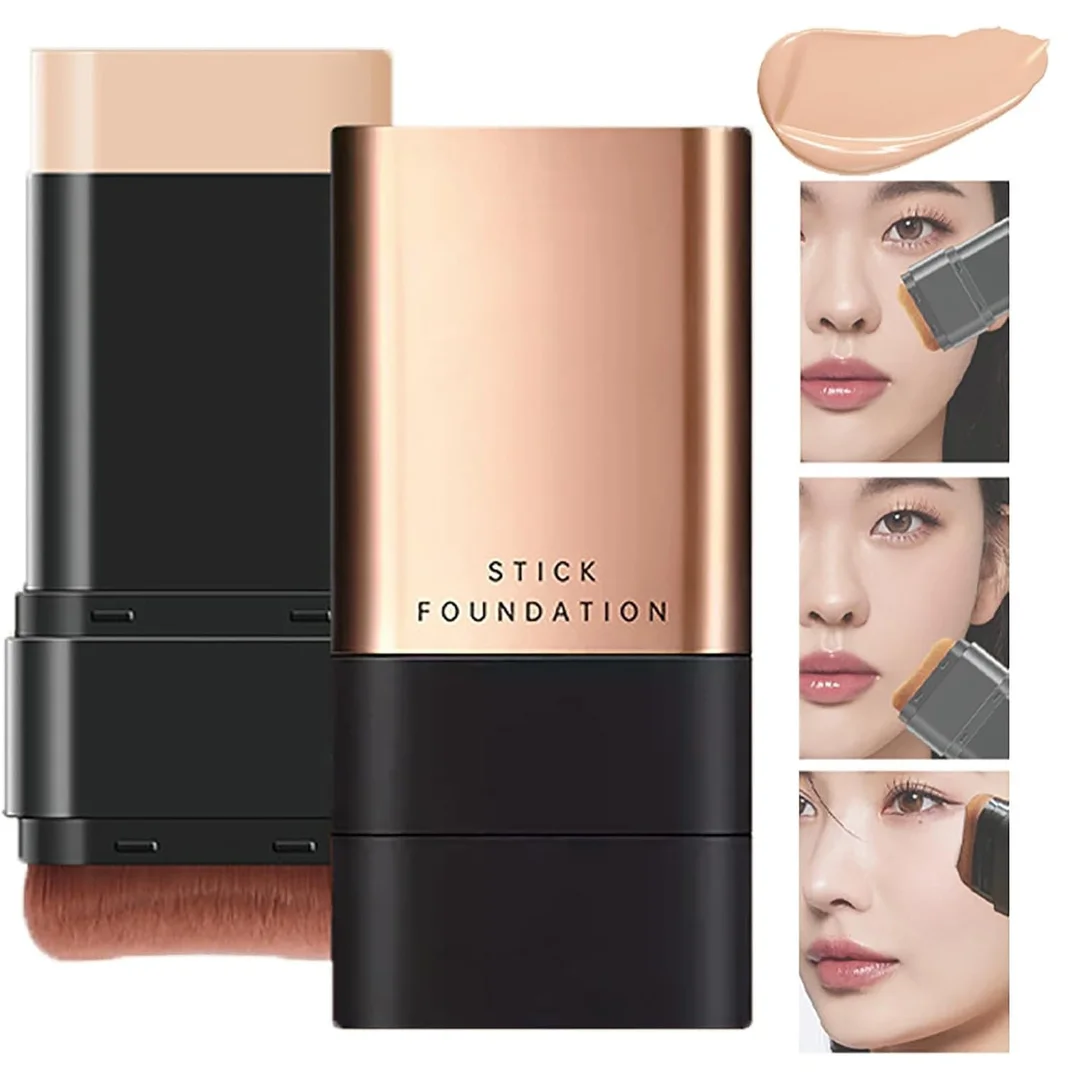 2 in 1 Luxury Flawless Eraser Foundation Stick with Built-in Brush Korean Hydrating Lightweight Waterproof Base Makeup Stick for Smooth Coverage for All Skin Types 1 Pc image 3