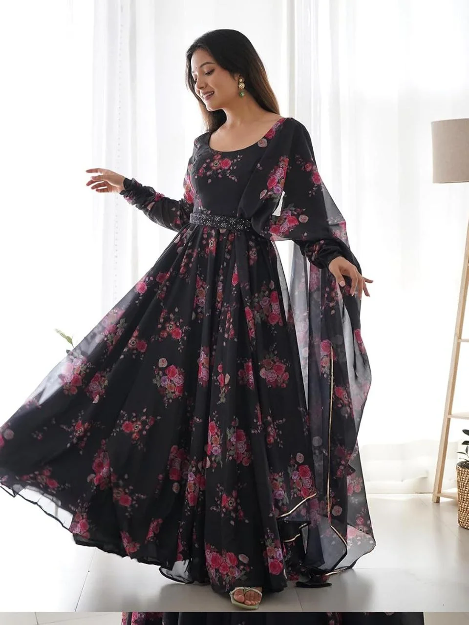 Floral Print Silk Blend Stitched Flared/A-line Gown  (Black) image 2