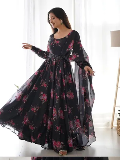 Floral Print Silk Blend Stitched Flared/A-line Gown  (Black) thumbnail 1