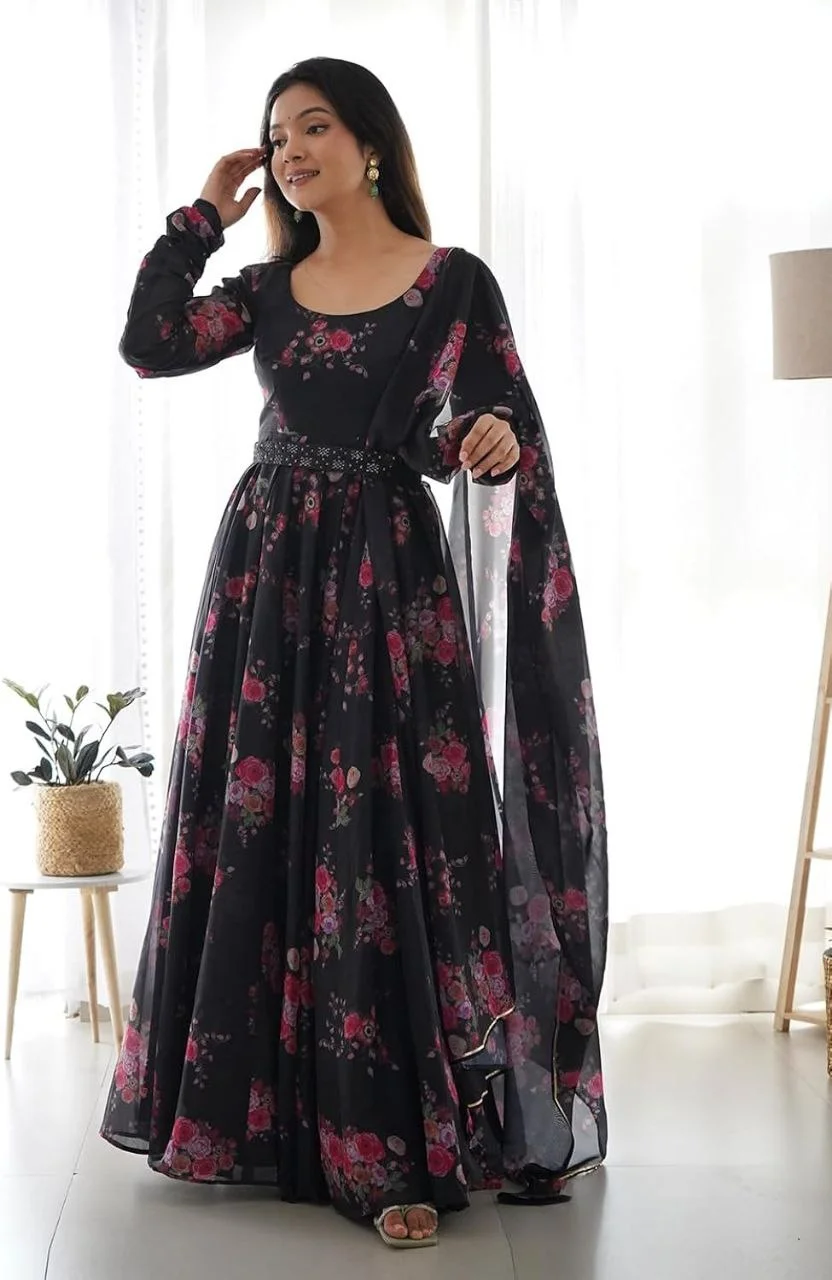 Floral Print Silk Blend Stitched Flared/A-line Gown  (Black) image 1