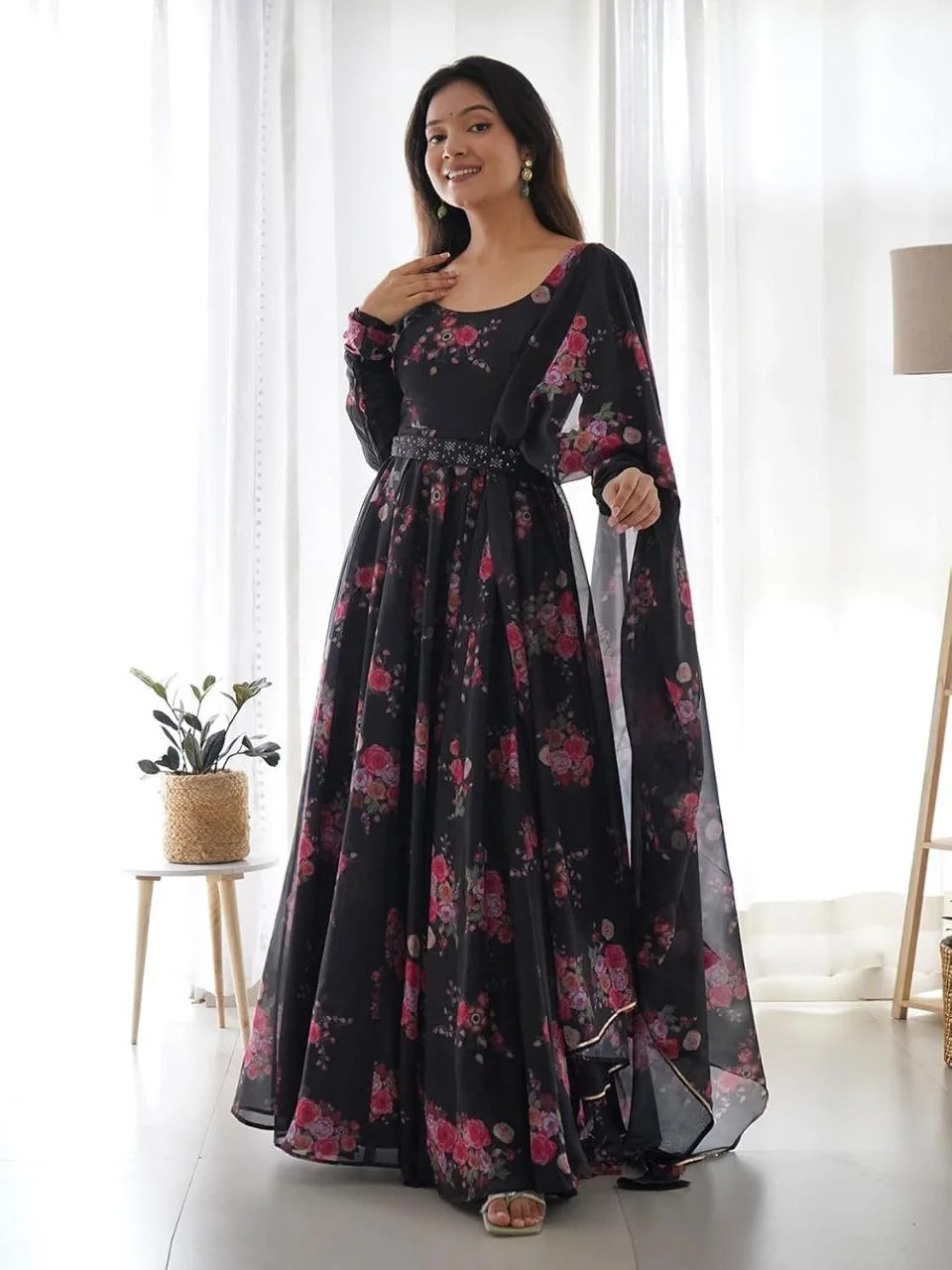 Floral Print Silk Blend Stitched Flared/A-line Gown  (Black) image 3