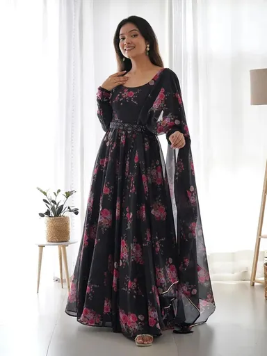 Floral Print Silk Blend Stitched Flared/A-line Gown  (Black) thumbnail 2
