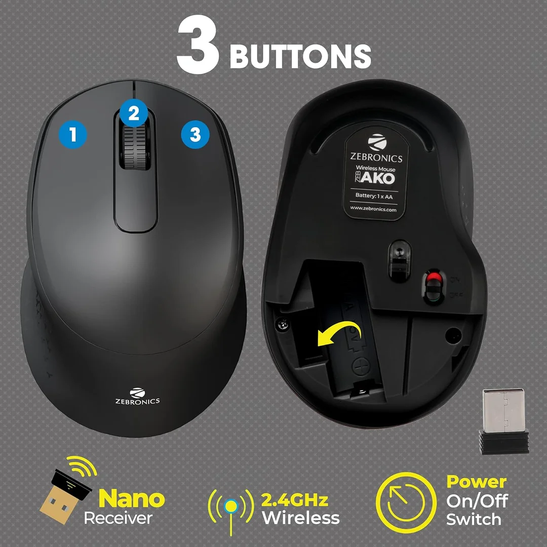 Zebronics ZEB-AKO Wireless Mouse 2.4GHz with USB Nano Receiver, Silent Clicks, High Precision Optical Tracking, 3 Buttons for PC Laptop Mac image 3
