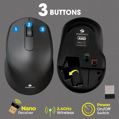 Zebronics ZEB-AKO Wireless Mouse 2.4GHz with USB Nano Receiver, Silent Clicks, High Precision Optical Tracking, 3 Buttons for PC Laptop Mac thumbnail 2