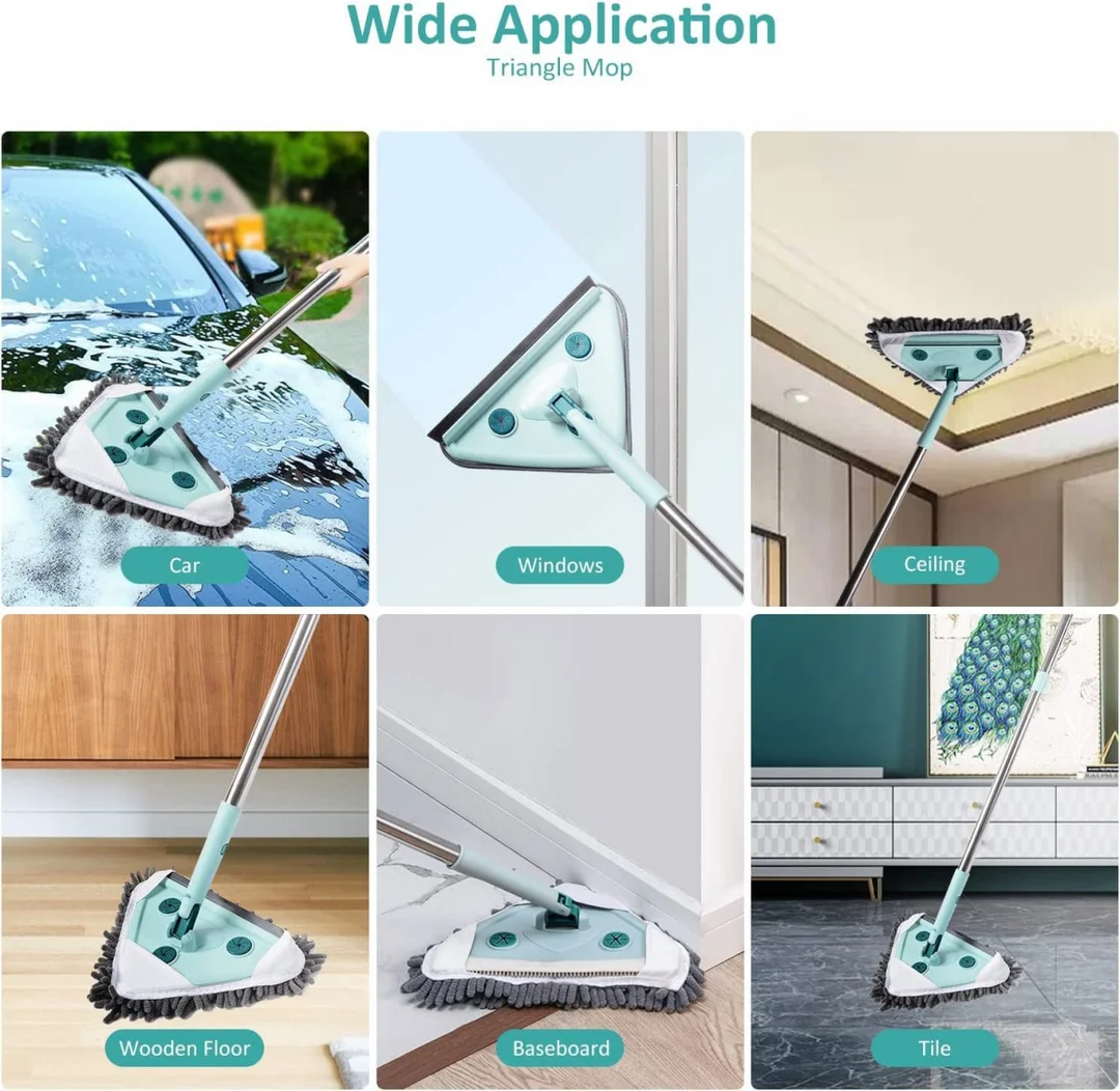 Triangle Microfiber Flat Floor Mop with Long Adjustable Handle for Corners|Wet & Dry Cleaning, Washable Pads| Rotatable Flat Head for Home Floor Cleaning image 9