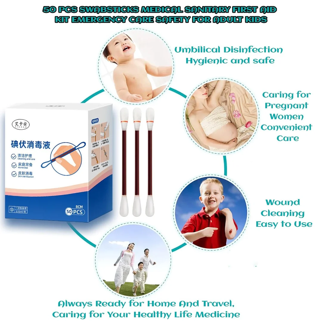 Kliffoo 50pcs Povidone‑Iodophor Iodine Swabsticks | Portable First Aid Medical Cotton Swabs for Cuts| Wounds, Ear & Nose Care| Outdoor Hygiene & Emergency Use image 4