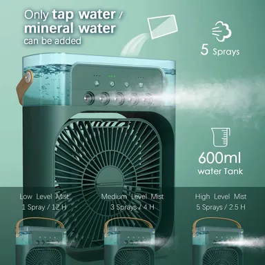 Portable Mini Air Conditioner Fan with Cool Mist Humidifier, 7-Color LED Light and Timer for Room and Office thumbnail 2