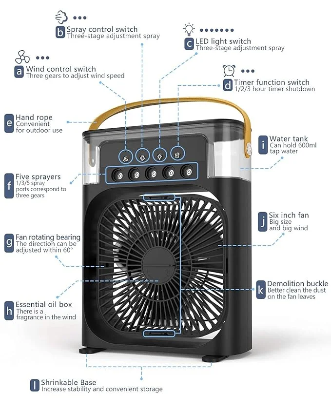 Portable Mini Air Conditioner Fan with Cool Mist Humidifier, 7-Color LED Light and Timer for Room and Office image 4